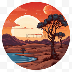夜晚的沙漠月亮图片_沙漠黄昏时光插画