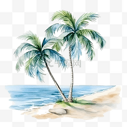 热带水彩植物图片_水彩椰子树海滩夏季元素海滩夏季