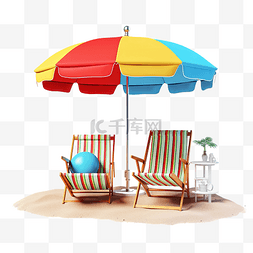 暑假概念的 3D 渲染多彩海滩元素