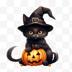戴着女巫帽的可爱黑猫坐在万圣节