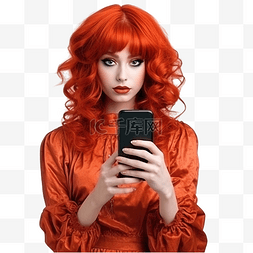 智能模型图片_一个戴着红色假发穿着万圣节服装