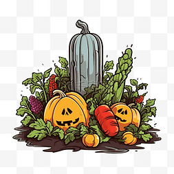 万圣节矢量插画的怪异墓碑和蔬菜