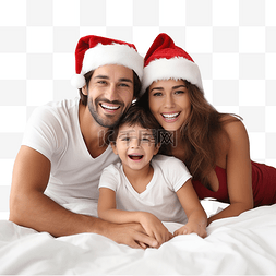 躺在床上男人图片_幸福的家庭戴着圣诞老人的帽子躺