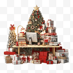圣诞内饰，桌子上堆满了礼物和带