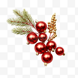 红松果图片_圣诞红色饰品，配有金色珠子和冷
