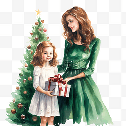 抱着礼物盒的女孩图片_圣诞树附近和妈妈一起穿裙子的女