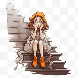 害怕的小表情图片_万圣节时，一个女孩坐在楼梯上，