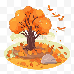 秋天背景剪贴画秋天树与飞鸟和花