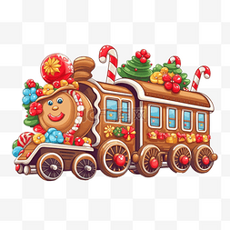 冬季雪景插画图片_用姜饼和糖果制成的圣诞火车平面