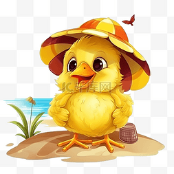黄色卡通小翅膀图片_沙滩上晒日光浴的可爱黄色小鸡卡