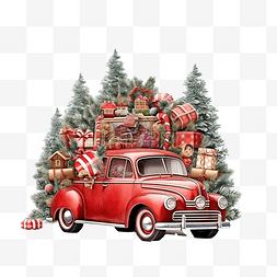 圣诞树森林里的红色圣诞老人汽车