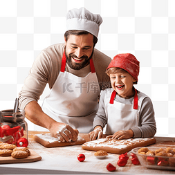 爸爸和儿子图片图片_快乐的爸爸和儿子在厨房里度过圣