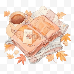 秋季咖啡图片_水彩秋季舒适毯子，配有书籍和咖