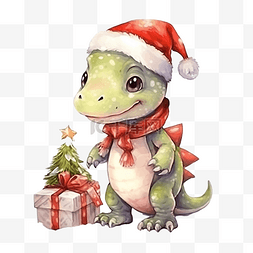 水彩插畫图片_可爱的恐龙圣诞快乐与水彩插图集