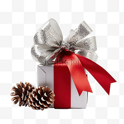 银冷杉图片_与红丝带和银锥体的圣诞礼物装饰