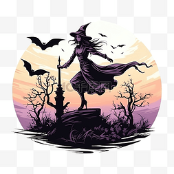 女巫骑着扫帚飞过公墓万圣节假期