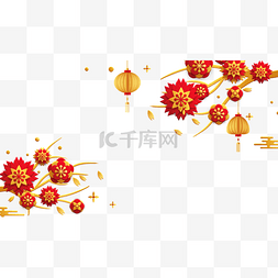 新年红色立体花朵图片_春节剪纸花枝庆祝边框