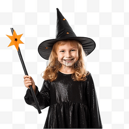儿童拿图片_快乐的孩子戴着巫婆帽拿着魔杖在