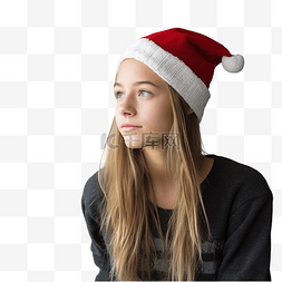 戴着圣诞帽的女孩站着，看着没有