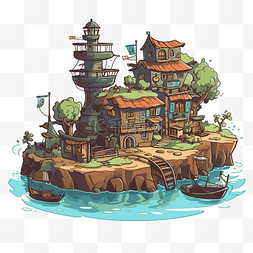 卡通灯塔元素图片_海湾剪贴画卡通岛有一座房子和一