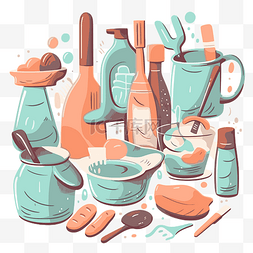 卡通厨房工具图片_清洁和消毒厨房工具和设备 向量