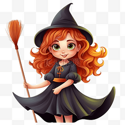 女帽复古图片_可爱的红发小女巫，拿着扫帚魔法