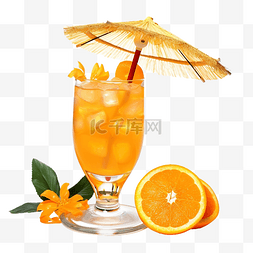 用雨伞装饰的玻璃杯中的橙色鸡尾
