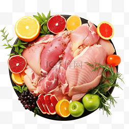 生食材图片_生鸡肉去骨肉配香草和水果在盘子