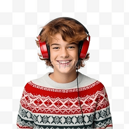 戴耳机的模特图片_穿着圣诞毛衣听音乐的肖像少年男
