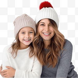 母女帽图片_戴着圣诞帽的年轻快乐的母女