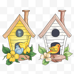 儿童着色书插画黄色鸟屋