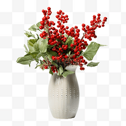冬天有花图片_有红色浆果和叶子花束的花瓶