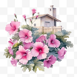 水彩房子与粉红色的花朵锦葵