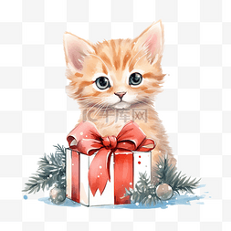 卡片上有一只带礼品盒的小猫