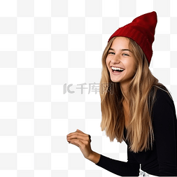 一个戴着圣诞帽微笑的女孩，在圣