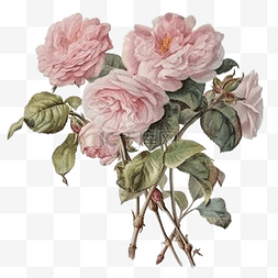 粉红玫瑰复古古董水彩花束带叶