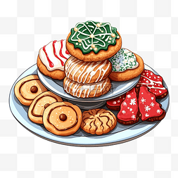 手绘插图饼干图片_手绘涂鸦风格的圣诞饼干在盘子上