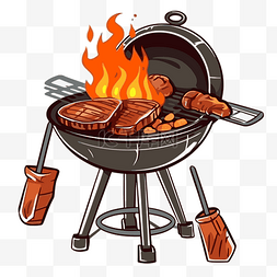 木炭卡通图片_烧烤剪贴画矢量烧烤架与火焰和牛