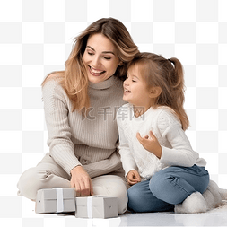 快乐微笑的小女孩和母亲坐在圣诞