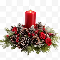 带闪光圣诞树图片_带红蜡烛和银松果的圣诞餐桌中心