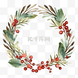棕色蝴蝶结图片_圣诞水彩花环框架，绿叶浆果，棕