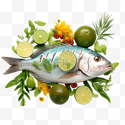 饭鱼图片_用香草和水果装饰的新鲜马拉巴尔