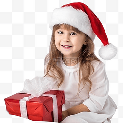 拿礼物的小孩图片_戴着圣诞老人帽子的快乐小女孩坐