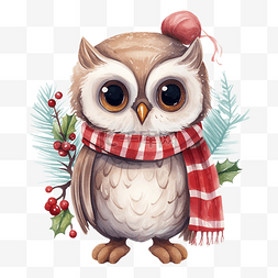 冬季树枝雪花图片_可爱的猫头鹰，带着围巾和拐杖糖
