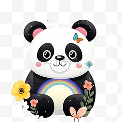 彩虹可爱背景素材图片_无缝图案与熊猫在彩虹和花朵上