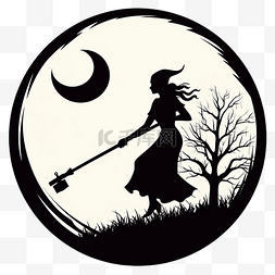 卡通人物帽子剪影图片_万圣节女巫剪影在月亮对面的扫帚