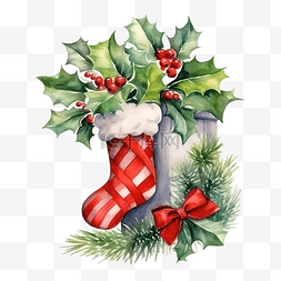 小装饰小玩意图片_圣诞冬青花环，配有袜子和礼品盒