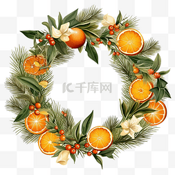 圣诞花卉圆框，配有枞树和橙子