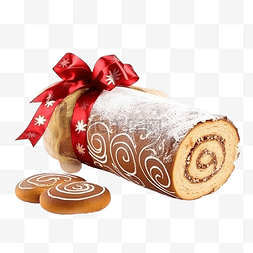 蛋糕咖啡图片_圣诞装饰旁边的 bolo de rolo 卷蛋糕