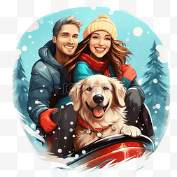 有爱的家人图片_快乐的年轻夫妇坐在雪橇上，带着